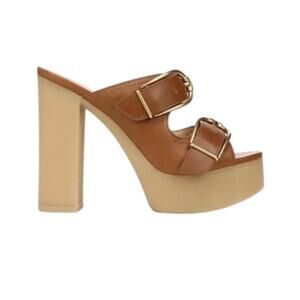 Veronica Beard Tan Leather Platform Slide Sandals with Gold Buckles